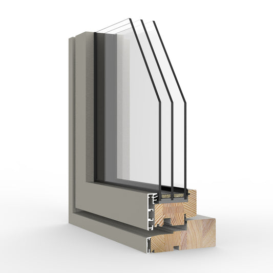 Sectional view of a triple-glazed window frame with glass and wooden elements on a white background