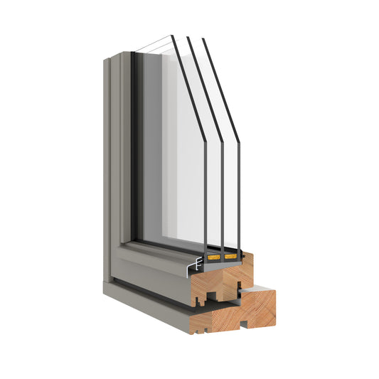 Cross-sectional view of a triple-glazed window frame with glass and wooden sill on a white background
