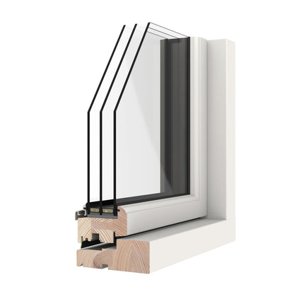 triple-glazed window frame with white trim and black interior on a white background