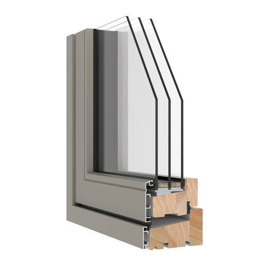 triple-glazed window frame with glass and wooden sill on a white background