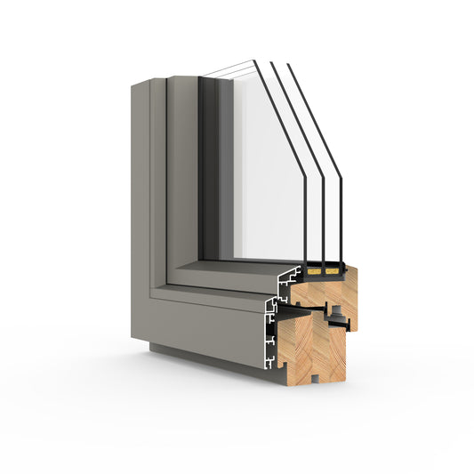 triple-glazed window frame with wooden sill on a white background