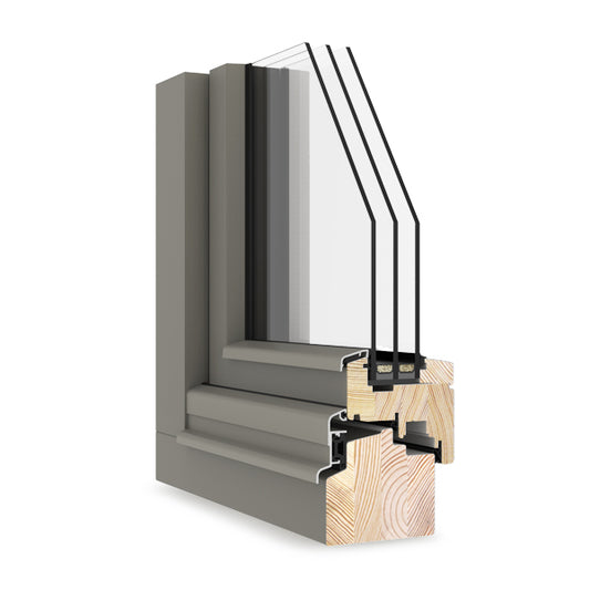 triple-glazed window frame cross-section showing materials and construction on a white background