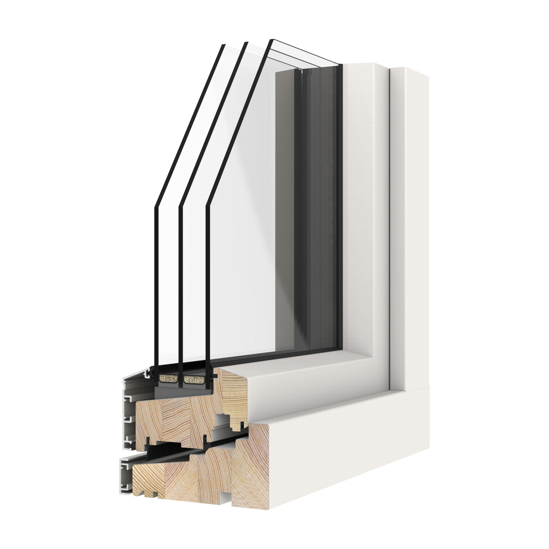 Sectional view of a triple-glazed window frame with glass and wooden elements on a white background