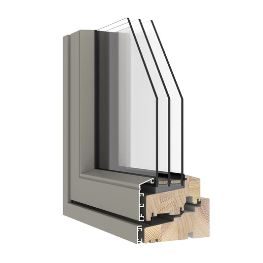 Cross-section of a triple-glazed window frame with glass and wooden elements on a white background