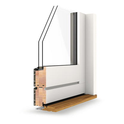 Window frame assembly with double-glazed glass pane and wooden sill on a white background