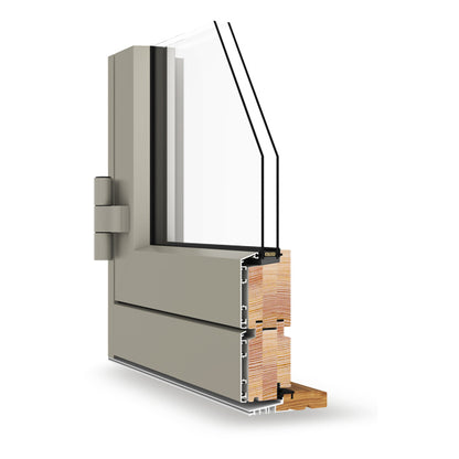 Sectional view of a double-glazed window frame with glass and wooden interior on a white background