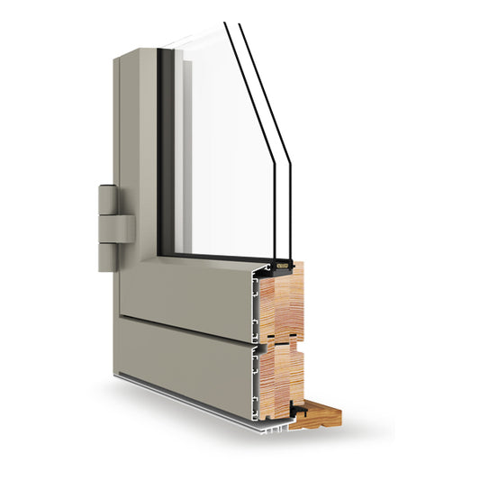 Sectional view of a double-glazed window frame with glass and wooden interior on a white background