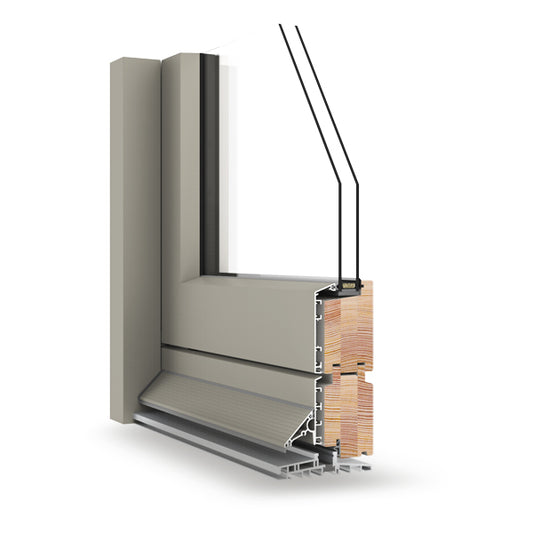 Sectional view of a double-glazed window frame with visible materials and construction details on a white background