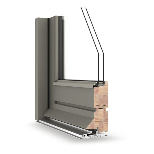 Sectional view of a double-glazed window frame with wooden slats on a white background