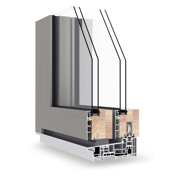 Sectional view of a double-glazed window frame with glass and wooden elements on a white background