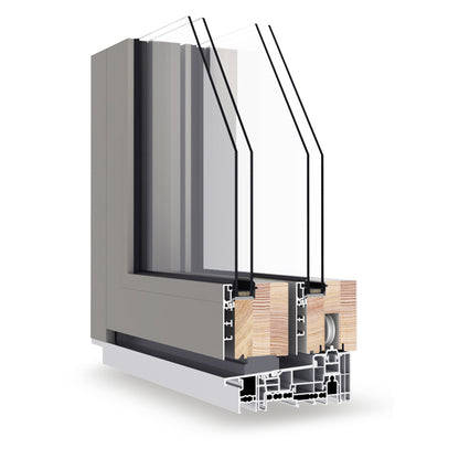 Sectional view of a double-glazed window frame with glass and wooden elements on a white background