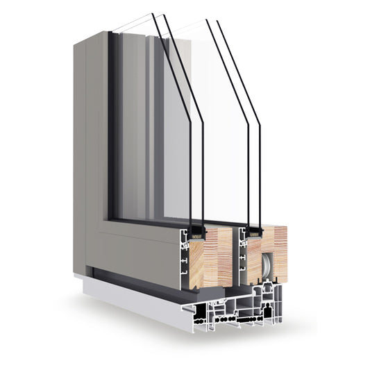 Sectional view of a double-glazed window frame with glass and wooden elements on a white background