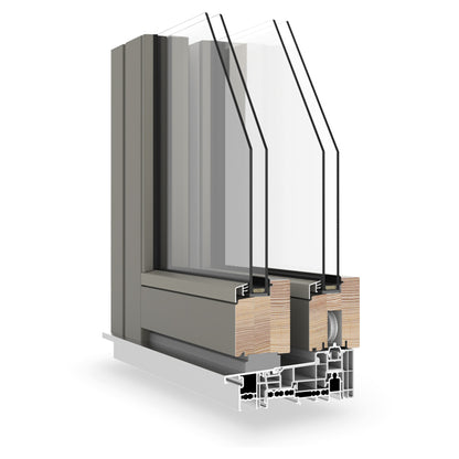 Cross-sectional view of a double-glazed window frame with glass panes on a white background