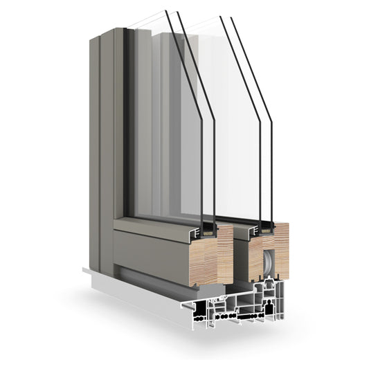 Cross-sectional view of a double-glazed window frame with glass panes on a white background