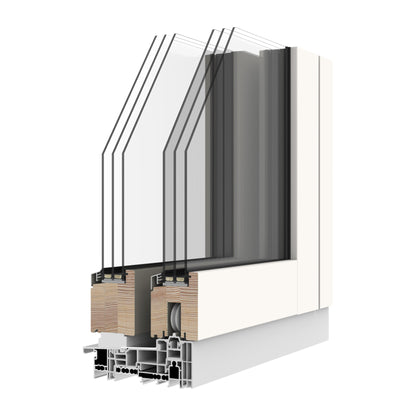 Sectional view of a triple-glazed window frame with glass and wooden elements on a white background