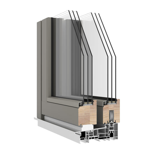 Cross-sectional view of a triple-glazed window frame with visible materials and construction details on a white background.
