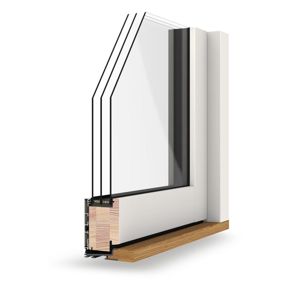 Triple-glazed window frame with glass and wooden sill on a white background