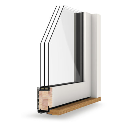Triple-glazed window frame with glass and wooden sill on a white background