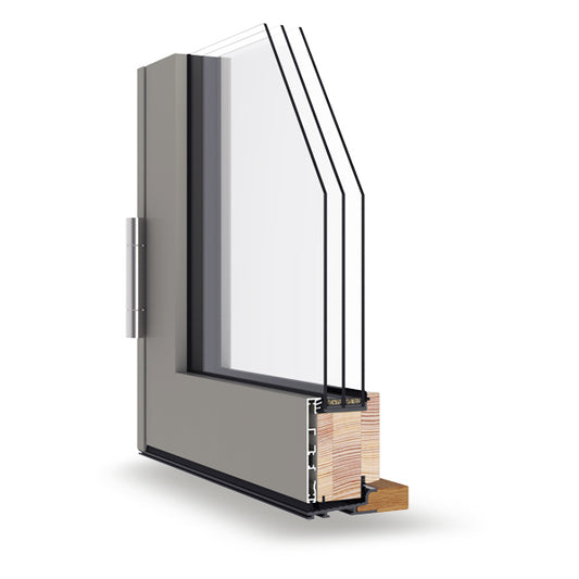 Triple-glazed window frame with a cross-section showing materials and construction on a white background