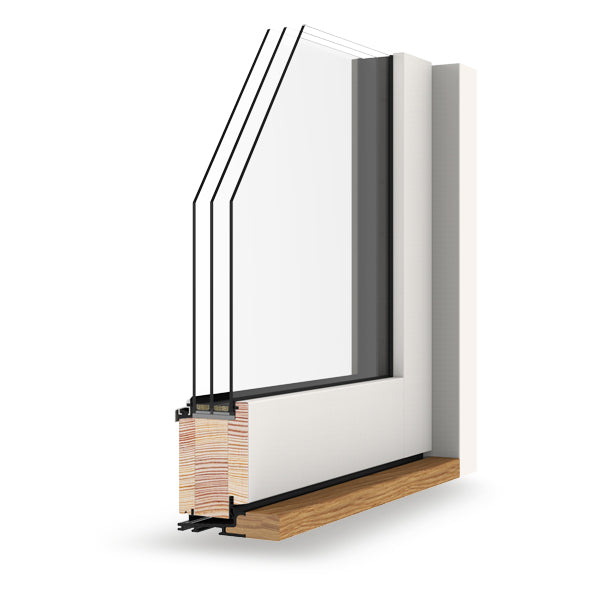 Triple-glazed window frame with wooden sill on a white background