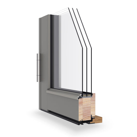 Sectional view of a triple-glazed window frame with glass and wooden core on a white background