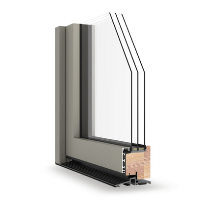 triple-glazed window frame with a clear glass panel on a white background