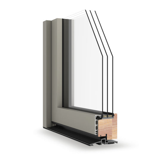 triple-glazed window frame with a clear glass panel on a white background