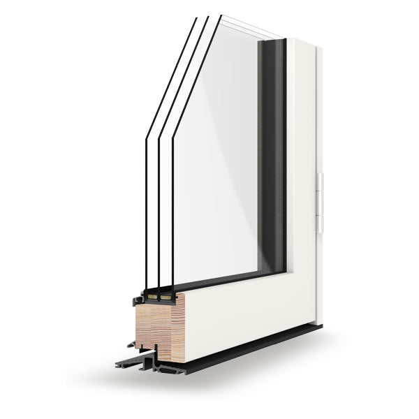 triple-glazed window frame with a reflective glass panel on a white background