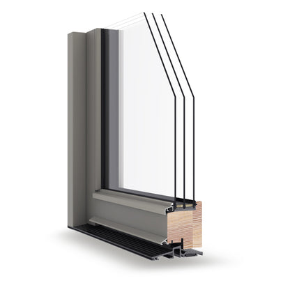 triple-glazed window frame section with glass and metal components on a white background