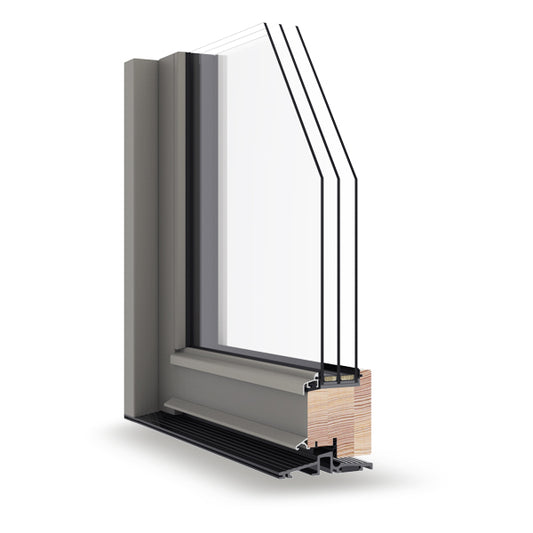 triple-glazed window frame section with glass and metal components on a white background