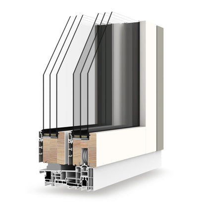 Cross-sectional view of a triple-glazed window frame with visible materials and construction details on a white background.