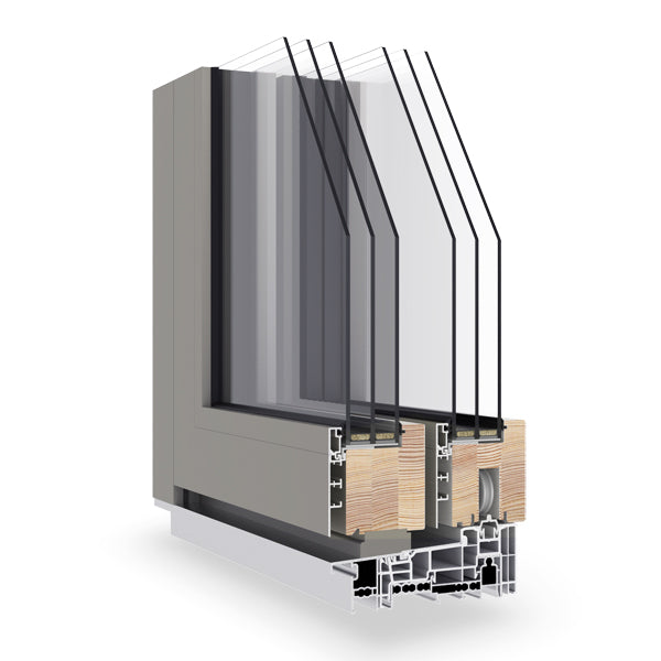 Cross-sectional view of a triple-glazed window frame with visible materials and construction details on a white background.