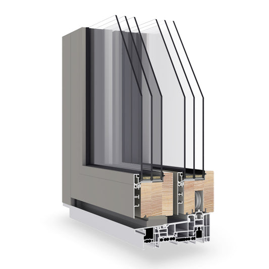 Cross-sectional view of a triple-glazed window frame with visible materials and construction details on a white background.