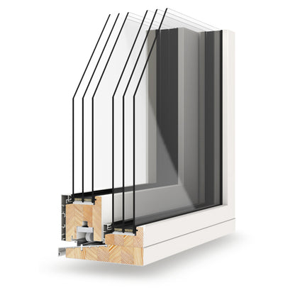 Triple-glazed Window frame cross-section showing materials and construction on a white background