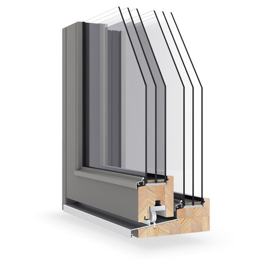 Sectional view of a triple-glazed window frame with glass panes on a white background