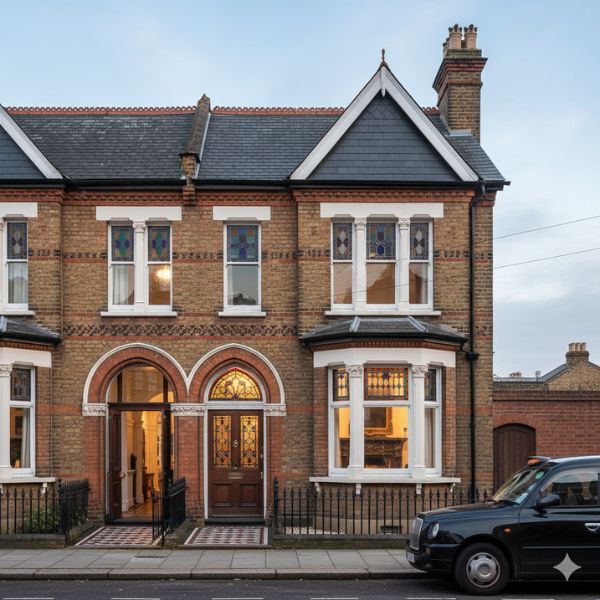 Victorian era architecture with bay windows and ornate decorative details